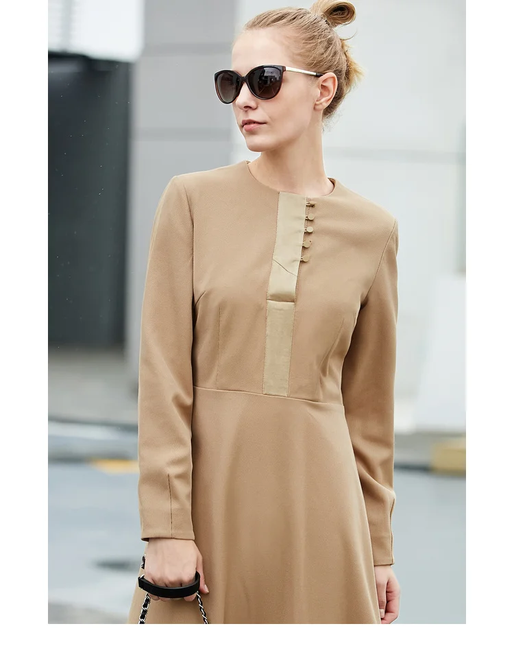 Amii минималистичное женское платье осень повседневное однотонное лоскутное платье на пуговицах с круглым вырезом и длинным рукавом элегантное женское платье А-силуэта
