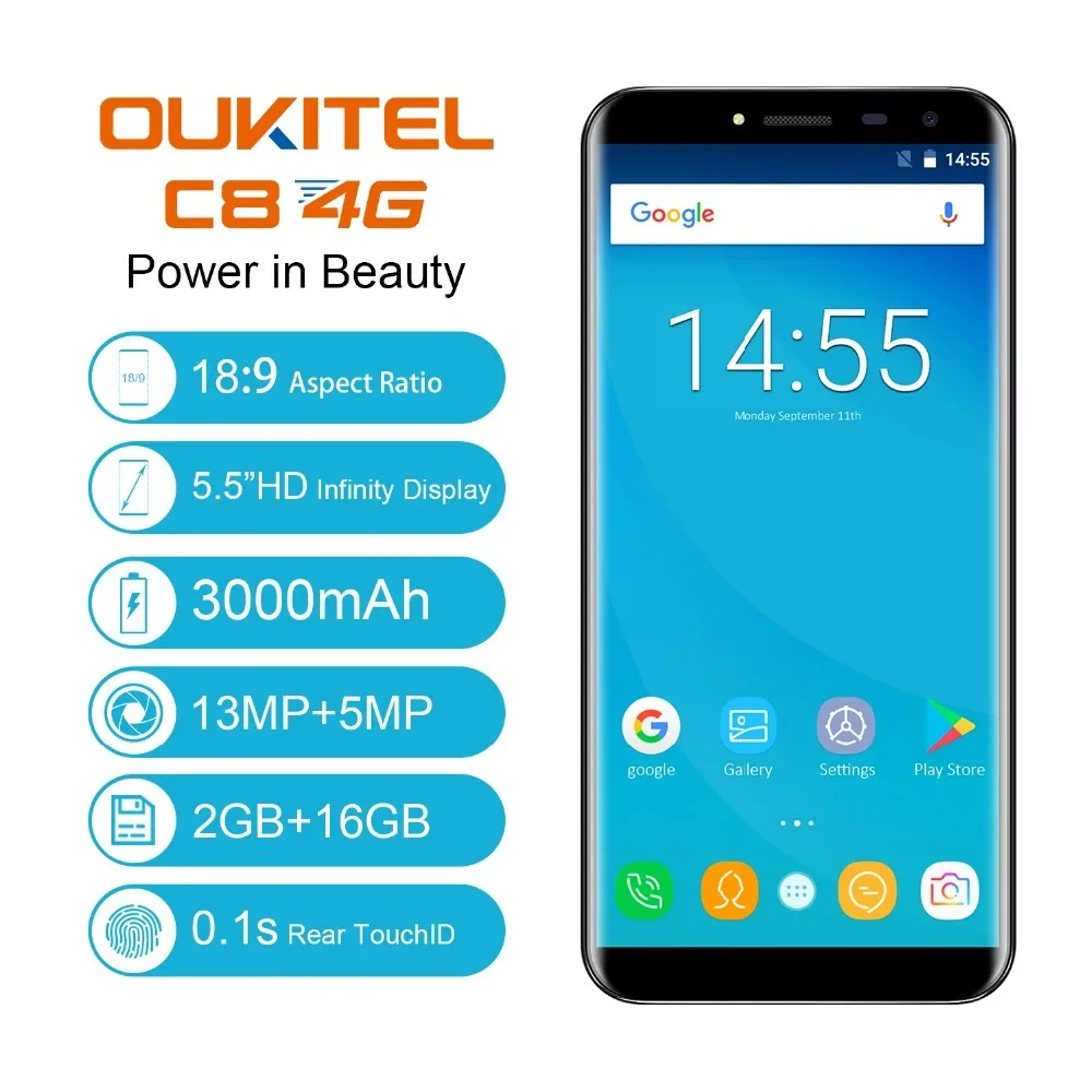 Восстановленный мобильный телефон Oukitel C8 4G 5 'ཎ:9 HD экран четырехъядерный 2 Гб 16