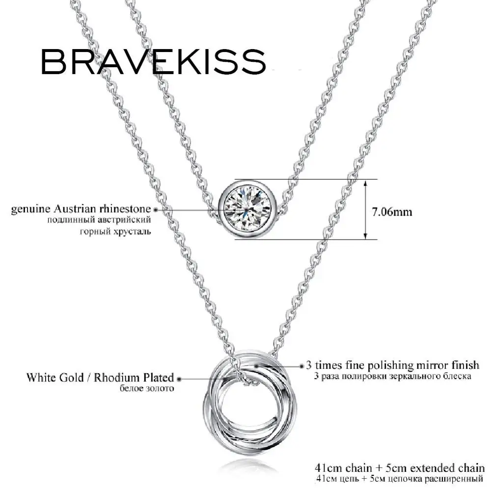 BRAVEKISS Fashion Jewelry Two Layer Pendant Necklace For Women White Gold Color Genuine Austrian Rhinestone BUN0119B |