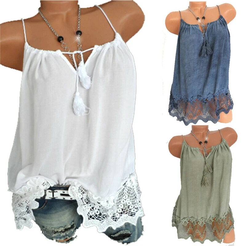 Женский однотонный топ на бретельках Boho повседневный свободный кружевной с