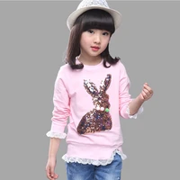 autumn girls t shirt long sleeves cotton t shirt for girl rabbit sequin kids tops casual spring winter kids clothes 6 14 y