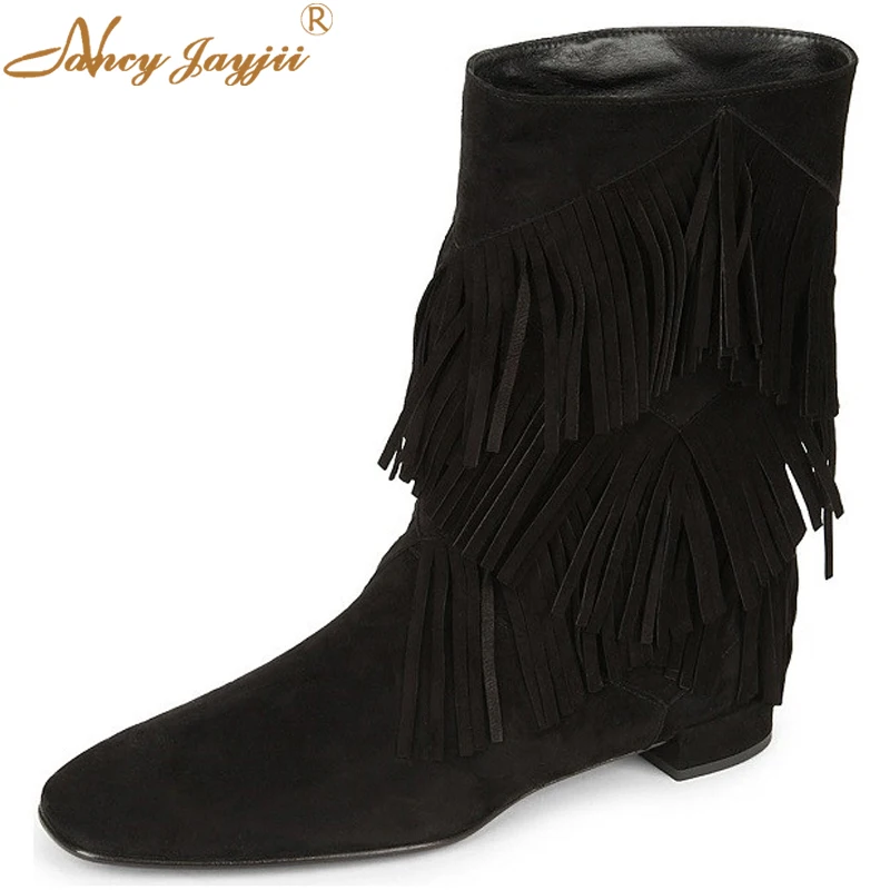 

Nancyjayjii Black Flock Fringe Women’S Modern Ankle Boots Round Toe Low Heels Woman’S Short Booties 2021 Winter Slip On Shoes