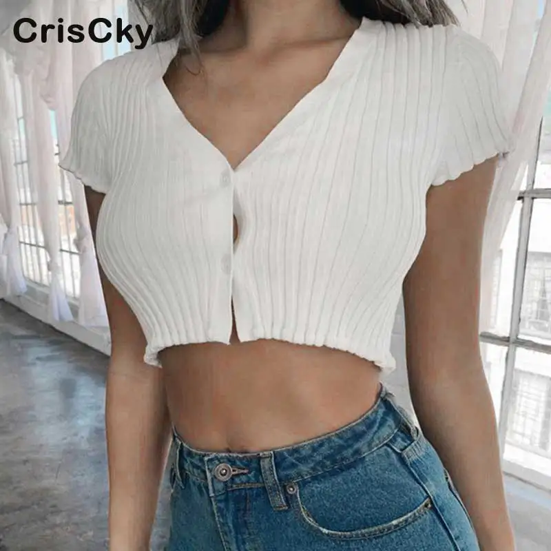 CRISCKY Новая Летняя Сексуальная Кнопка Футболка женская с v-образным вырезом