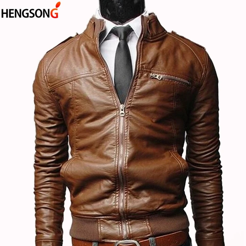 Мужская кожаная куртка черная облегающая на молнии со стоячим воротником|mens leather