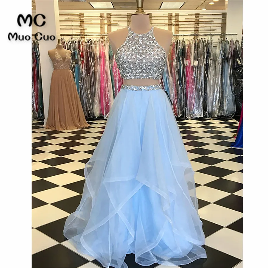 

Sparkly 2018 Beaded Prom Dresses Long with Crystals Two Pieces Gowns Organza Vestido Longo Formal Evening Party Dress 100% Real