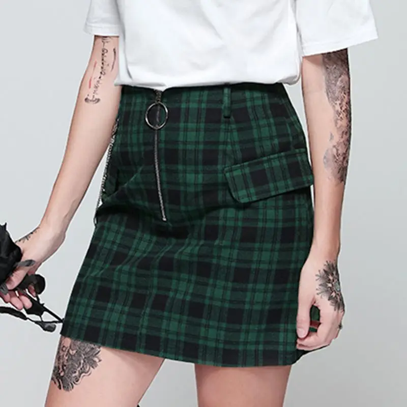Зеленая клетчатая юбка женская цепочка в стиле панк рок хипстер Готическая