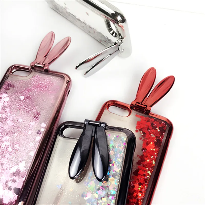 3D Cute Rabbit Ear Stander Case For iPhone 8 8plus Soft Silicon Glitter Liquid Quicksand 6 6plus 7 7plus Girl Cover | Мобильные