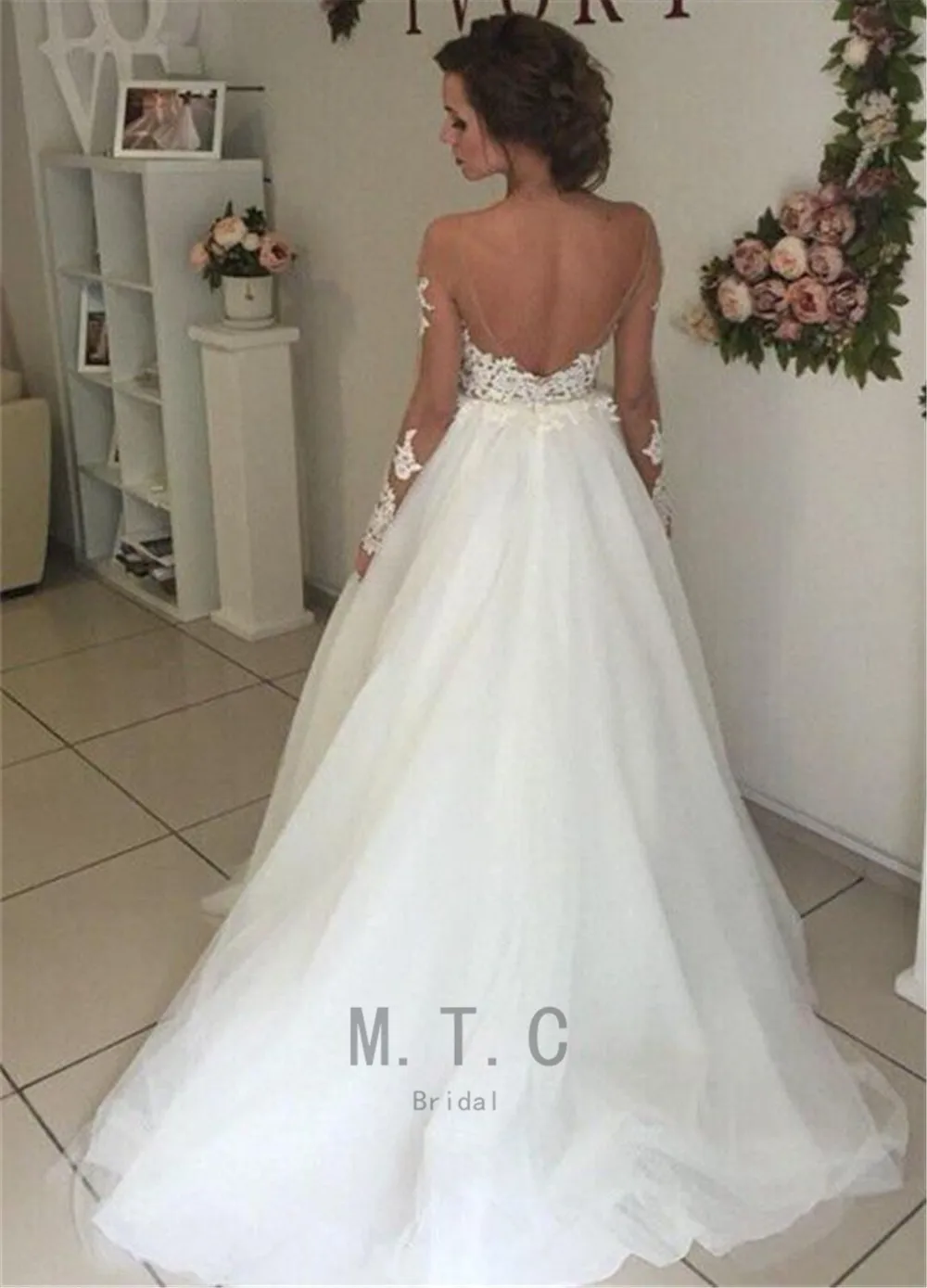 

White Arabic Wedding Dresses Long Sleeve Backless Lace Tulle Illusion Bridal Gowns 2019 High Quality Vestido De Noiva Cheap