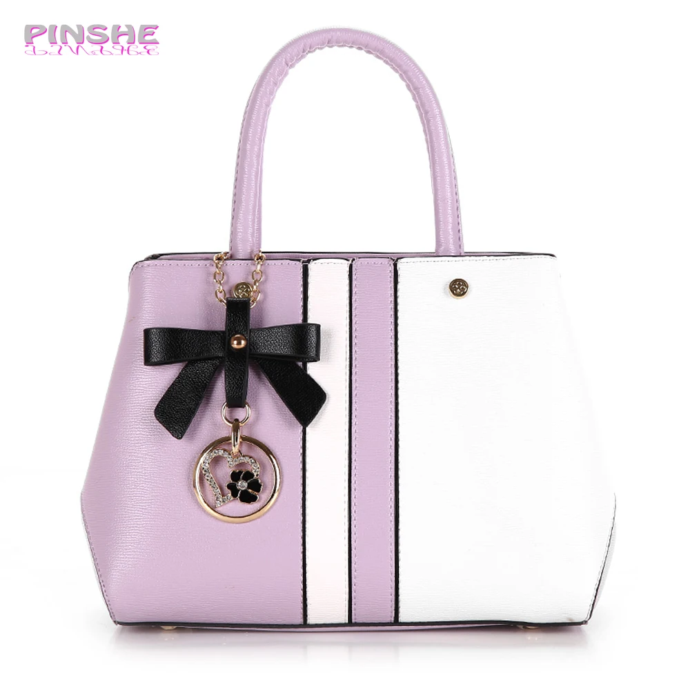 PINSHE 2017 Lady Fashion Bow flowers Stitching Pink Medium Bag Women Shoulder Messenger Bags Leather Handbag Designer | Багаж и сумки