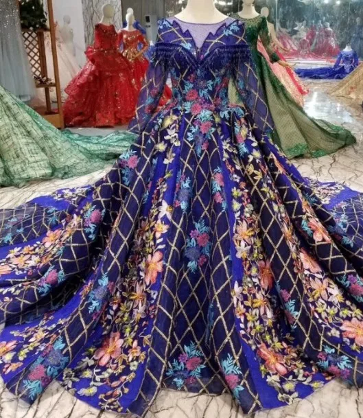 Color as Picture Saudi Arabian королевские синие свадебные платья с вырезом лодочкой реальные фотографии с длинными рукавами пышные кружевные Роскошные платья на свадьбы и вечеринки - Цвет: Color as Picture
