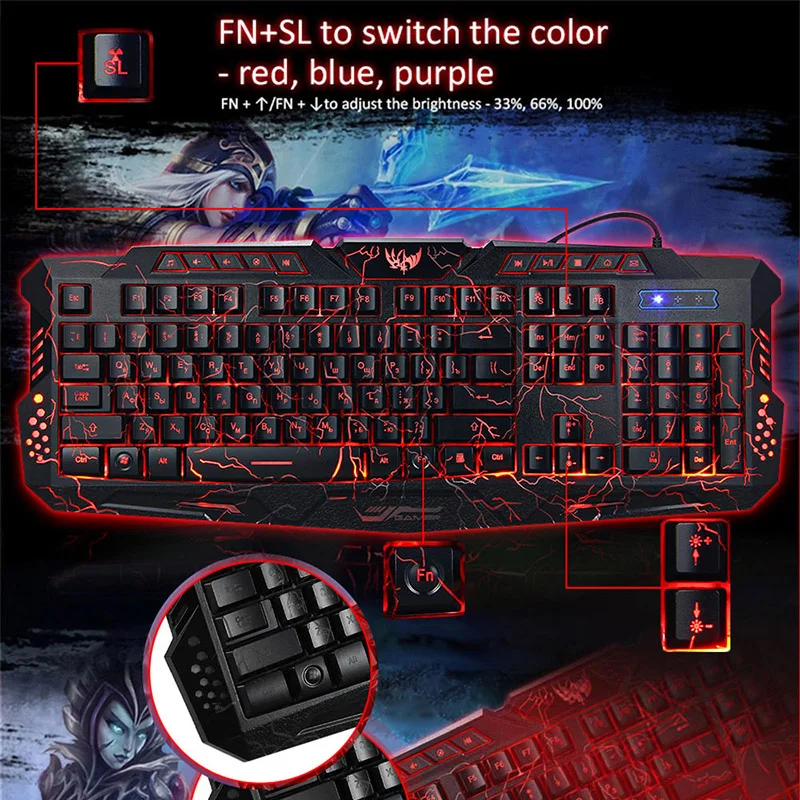 Русская игровая клавиатура мышь комбо со светодиодной подсветкой для ноутбука USB
