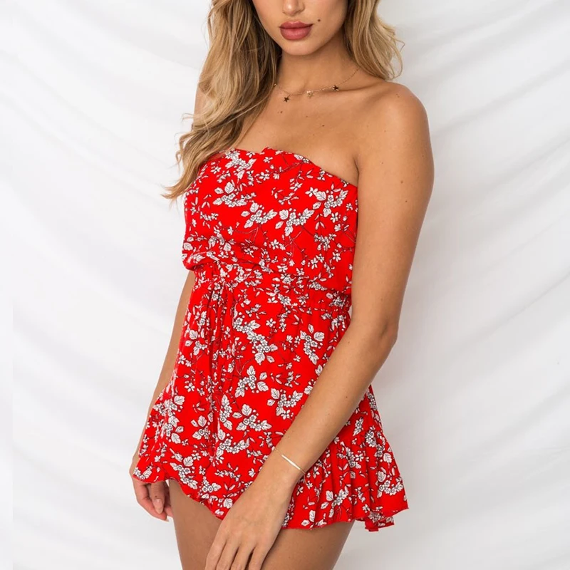 NLW красный Boho цветочный принт сексуальные костюмы летние шифоновый комбинезон 2018