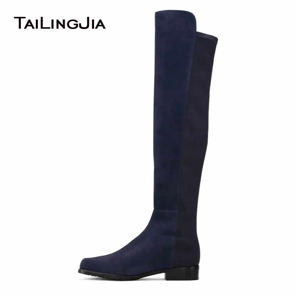 Blue Lycra Mixed Faux Suede Flat Woman Knee Boots Ladies Boots  Round Toe Slip On Winter Keep Warm Long Boots With Stretching
