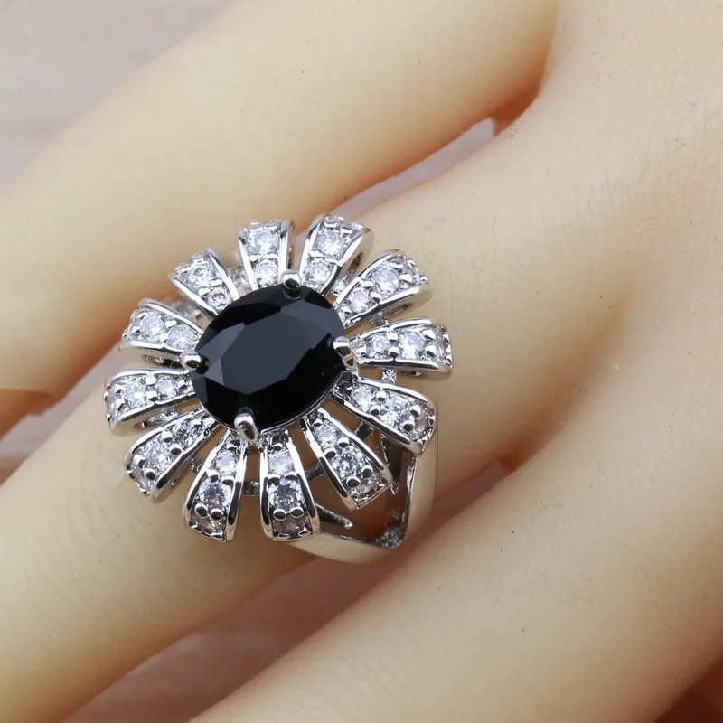 Женский костюм серебряного цвета с черным цирконием объемный Цветочный Большой