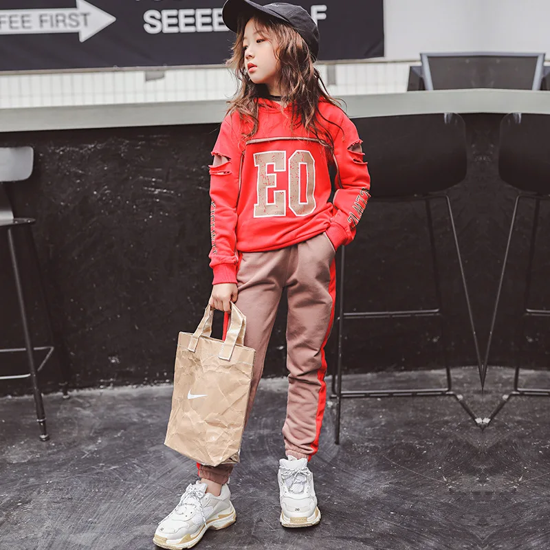 Корейская версия Осень девушки дети досуг спортивный костюм Двойка с длинным