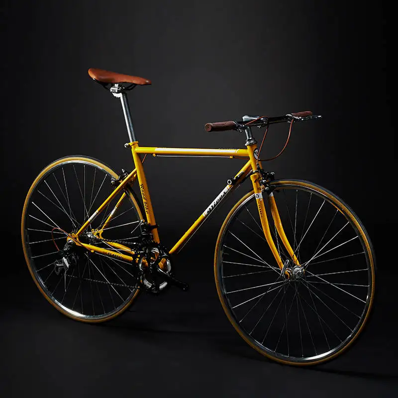 Straight yellow New Retro Road Bicycle Carbon Steel Frame 700CC Wheel SHIMAN0 14 Speed Dual V Brake Bike Outdoor Racing Cycling Bicicleta - Цвет: Straight yellow
