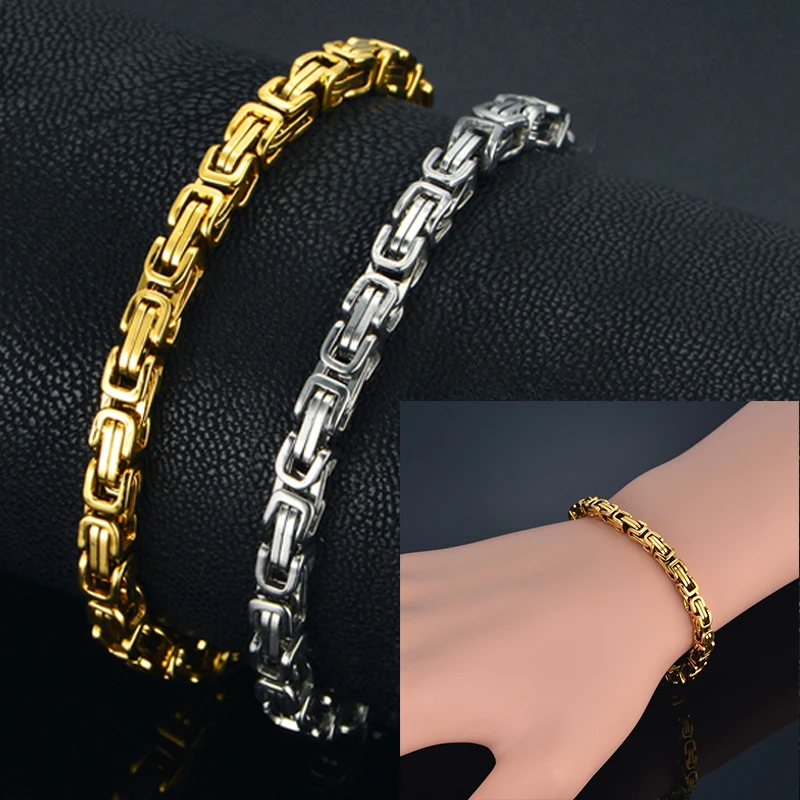 Купи Newest 316L Stainless Steel Bracelet Men Women Wholelsale Wristband 4mm Gold Color Male Hand Chain Link Bracelet Hip Hop Jewelry за 225 рублей в магазине AliExpress