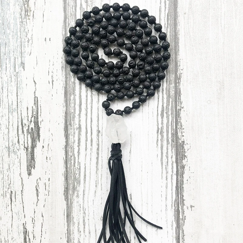 Ожерелье из 108 бусин Mala С сырой Q uartz ювелирные изделия для медитации черная лава
