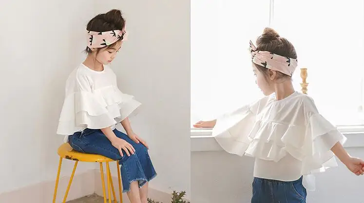 Everweekend Girls Kids White Color Ruffles Tops Bell Sleeve Sweet Baby Western Holiday New Fashion Tees | Детская одежда и обувь
