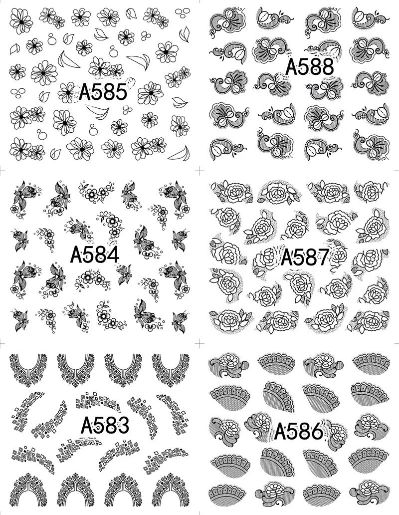 12 листов модные черные кружевные линии с цветочным рисунком водные переводные