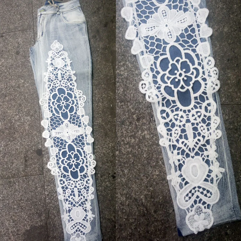 Для женщин Кружево Джинсы для Брюки девочек дамы крючком Цветочные с низкой