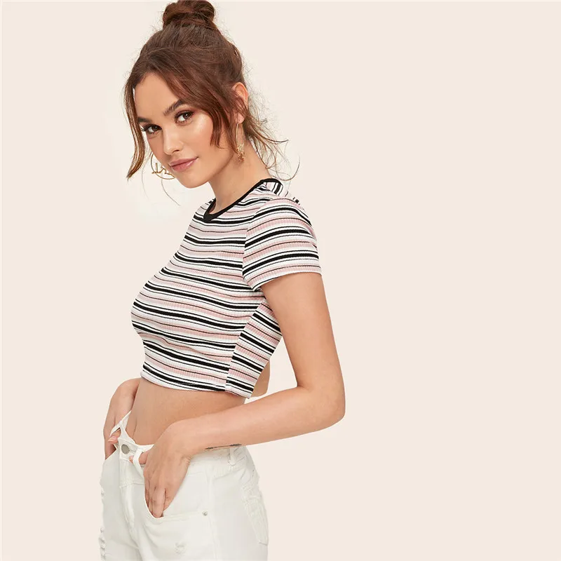 SHEIN контрастная лента полосатая ребристая Футболка женская повседневная с коротким рукавом эластичная летняя футболка с круглым вырезом приталенный кроп женский топ