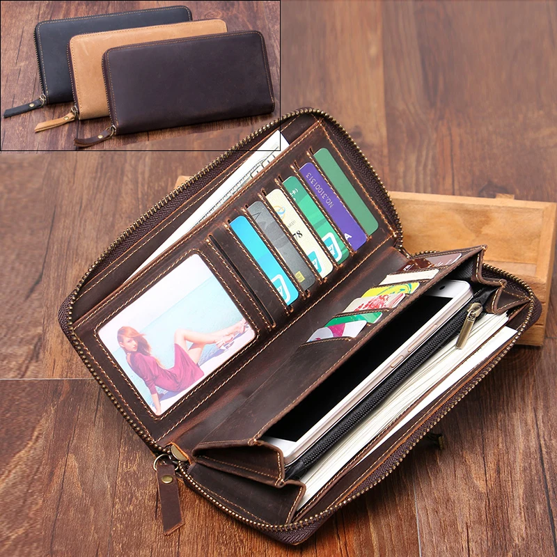 Vintage Crazy horse Genuine Leather Wallet Men Purse Long style Clutch Bag Male wallet zip around | Багаж и сумки