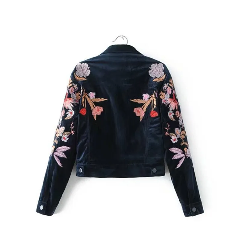 2017 женская одежда длинный рукав отворот Цветочная вышивка бархатная куртка