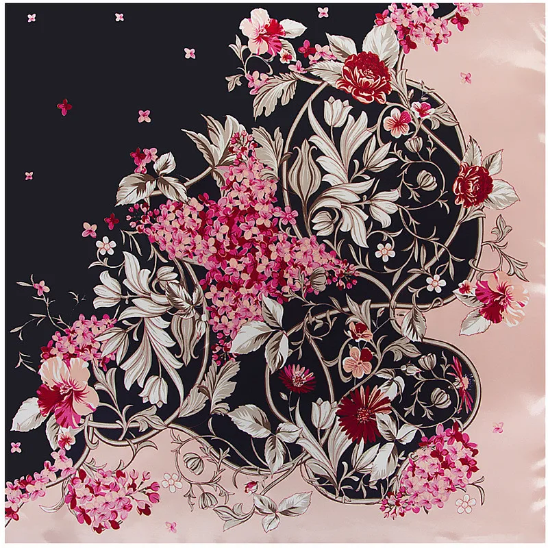 

POBING Women Scarf Luxury Brand Flowers Print Hijab Silk Satin Shawls Foulard Square Head Scarves Wraps For Ladies 90x90CM