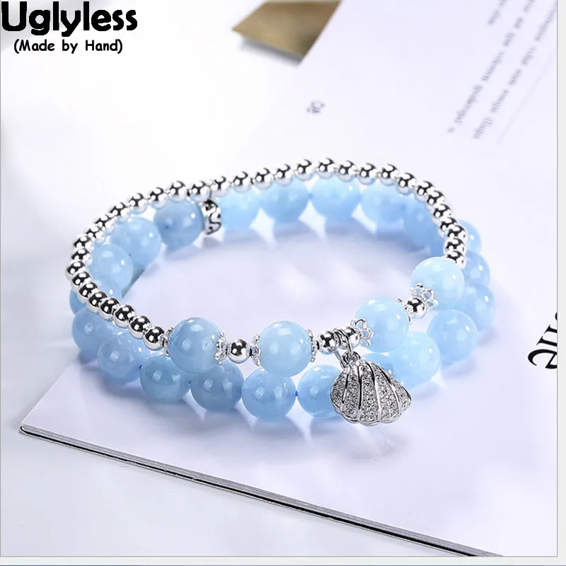 

Uglyless Real 925 пробы серебряные шарики Бисероплетение Браслеты аквамариновые бусины 2-слойные Браслеты Открытый ракушки Подвески Изысканные юв...