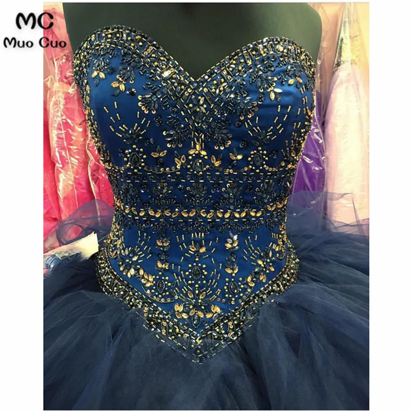 2018 Navy Blue Prom dresses Long with Crystals Ball Gown Organza Ruffles graduation dresses Evening Prom Dress for Women