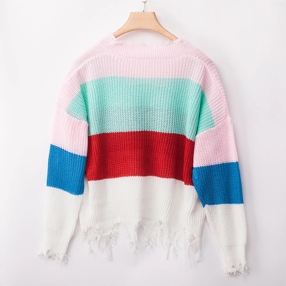 Rainbow Sweater Women Ripped V Neck Pullover and Sweater Long Sleeve Striped Autumn Knit Sweater