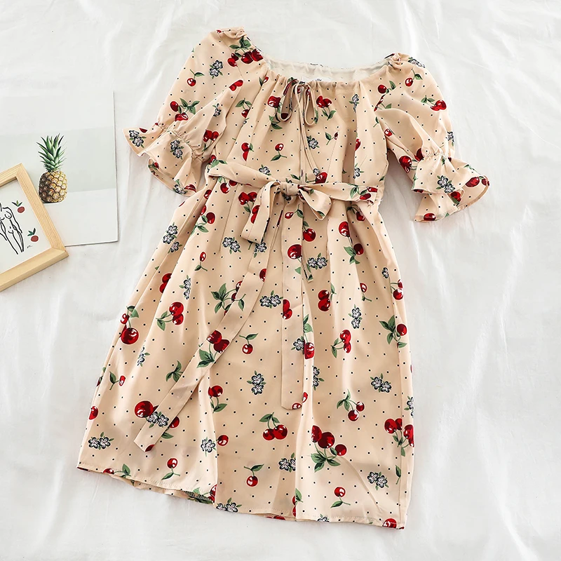 2019 новые модные женские платья свежие летние drawstring ремни лук Круглый воротник