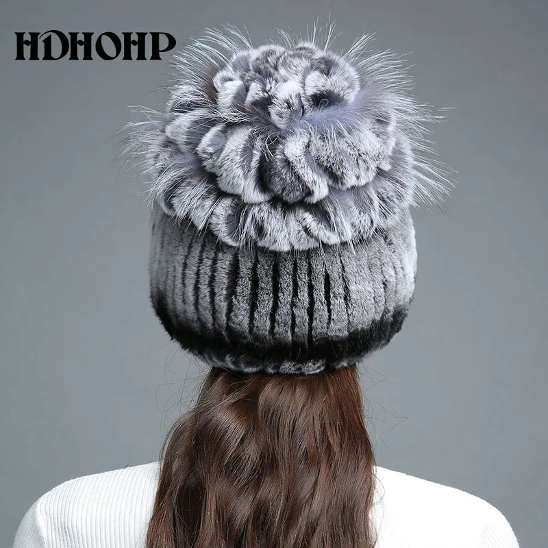HDHOHR, Новая меховая шапка, зимняя женская шапка из натурального меха кролика с мехом серебристой лисы, вязаные шапочки, модные женские шапки из натурального меха