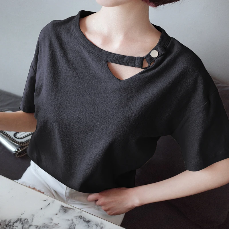 Slash Neck Casual Loose Chocker T shirt Women Europe America Cotton t-shirt new Summer Black White Womans Tops tshirts | Женская одежда