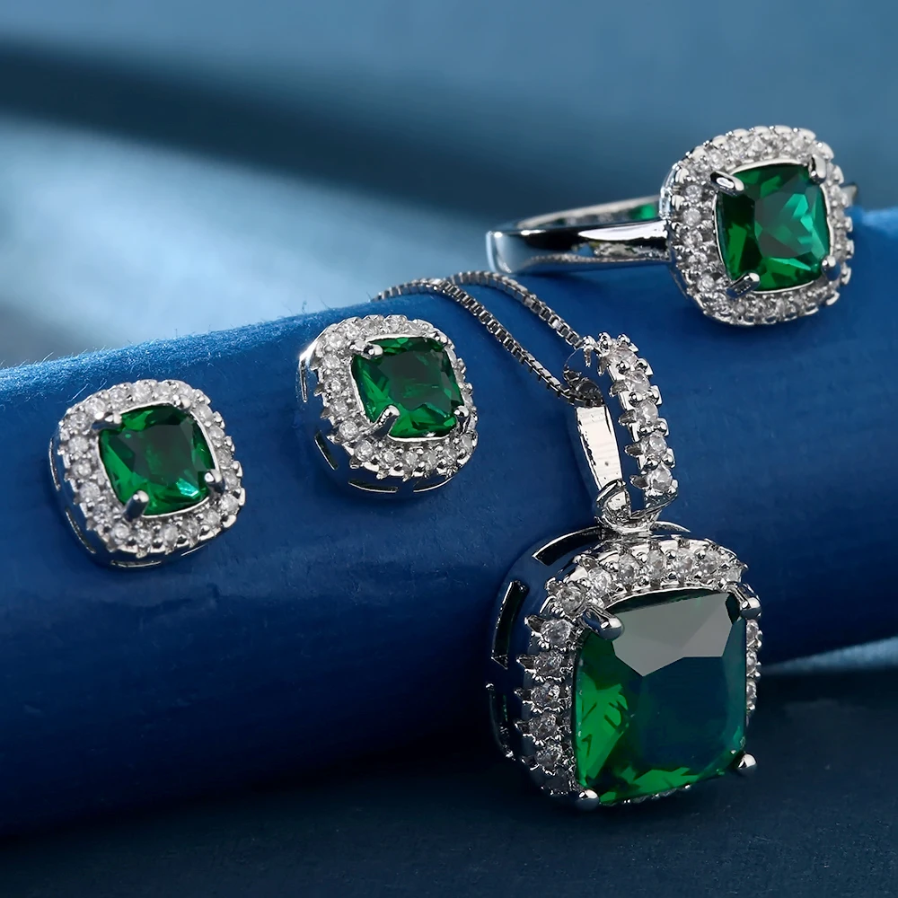 Комплект из колье серёг и кольца с зеленым фианитом|women wedding jewelry set|wedding setsset green |