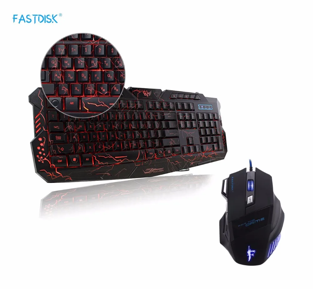 FastDisk Английский Русский игровой full клавиатуры USB проводной Подсветка LED
