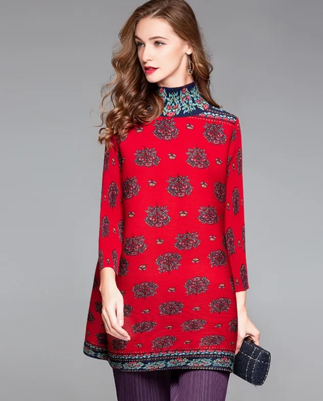 Лидер продаж, прямое платье миаке с винтажным принтом и воротником-стойкой, три четверти, в наличии