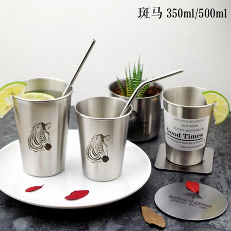 Stainless Steel Cold Water Mug Cup Coffee Juice Beer Cup Flamingo Zebra Deer Simple Style Mug 350ML/500ML