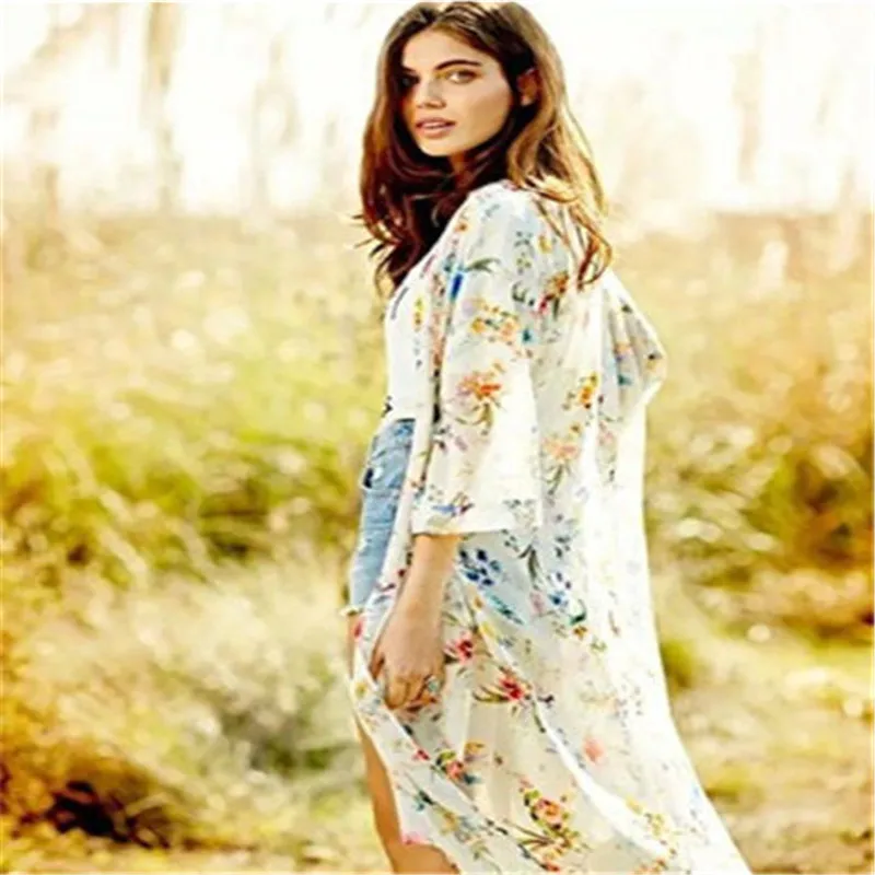 Vacation Fashion Sunscreen Open Stitch Women Chiffon Boho Kimono Flower 3/4 Sleeve Sunblock Jacket Top Blouse Cardigan Shirt |