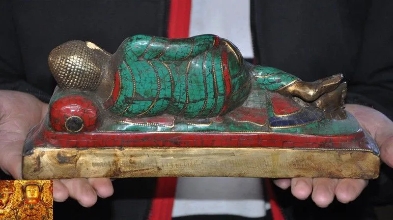 

wedding decoration 10"Tibet bronze Gilt Inlay turquoise sleep Shakyamuni Shakya Mani Buddha statue New Year