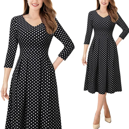 Black White Dot Vfemage женское осенне-зимнее элегантное винтажное платье с карманами и цветочным принтом для работы, бизнеса, офиса, на каждый день, вечерние трапециевидные приталенные платья 1612 - Цвет: Black White Dot