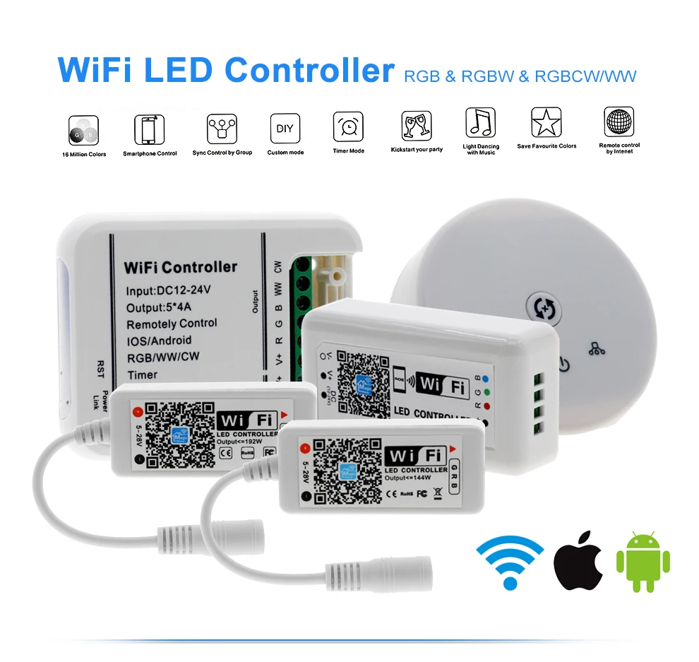 RGB RGBW RGB-WW-CW Wifi светодиодный контроллер 12 В 24 в 16 миллионов цветов музыка и таймер Wifi управление для RGB RGBW Светодиодная лента