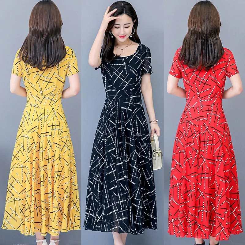 Летнее платье для женщин с коротким рукавом длинное А силуэта геометрическим