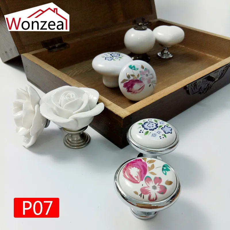Белый цвет роза lotus love простые мебельные ручки под одно отверстие CeramicKitchen Мебельная ручка ящика шкафа
