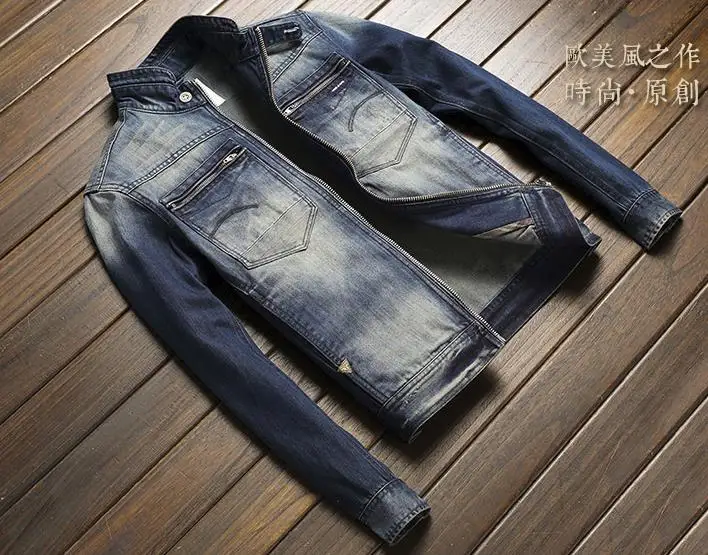 Для мужчин's джинсовые куртки Slim Fit Настоящее байкерское пальто Винтаж молния Стенд воротник мото куртки Прямая