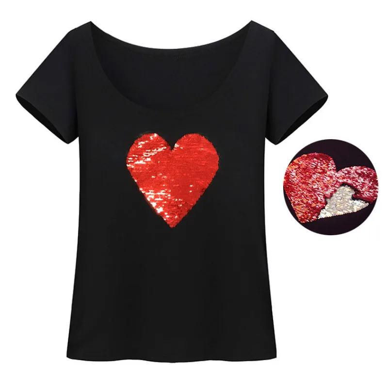 Сердце вышивка пайетками хлопковая Футболка Реверсивный Бисер волшебное