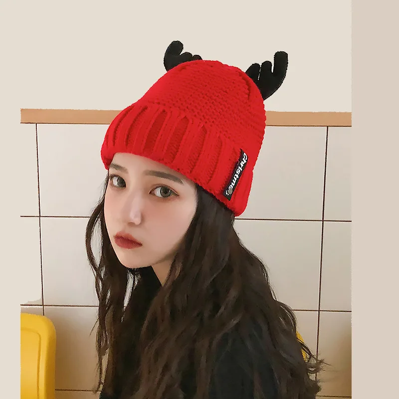 Милая вязаная шапка с ушками оленя из мультфильма женские зимние шапки для