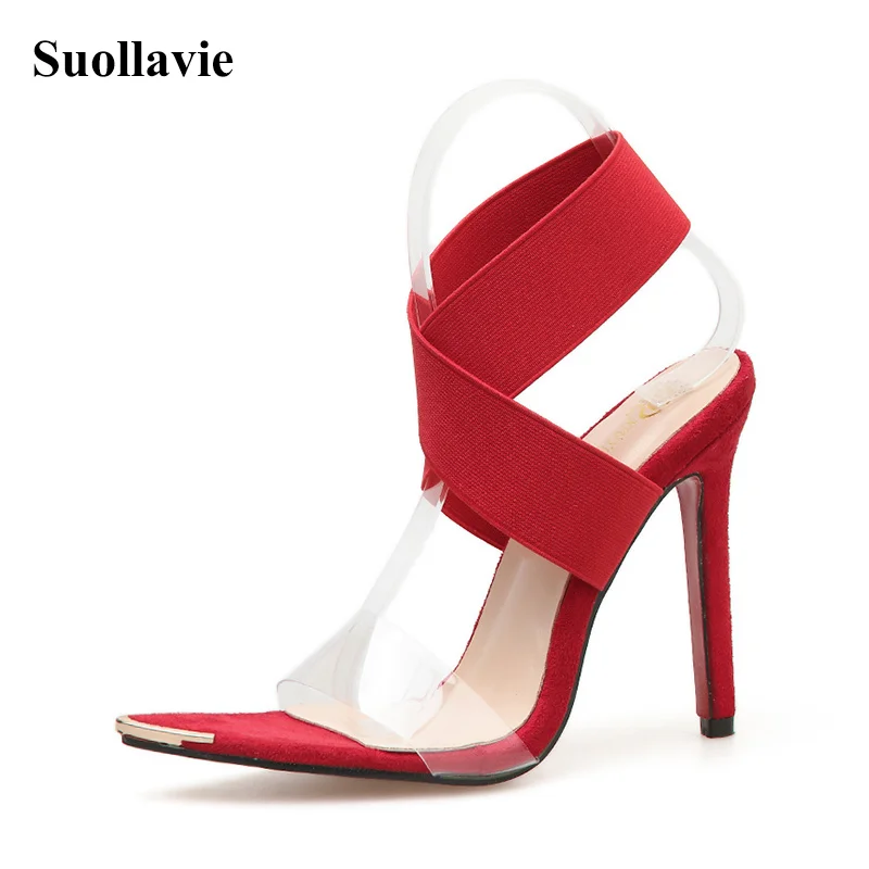 Модные красные сандалии Прозрачная обувь на тонком высоком каблуке Цвет черный
