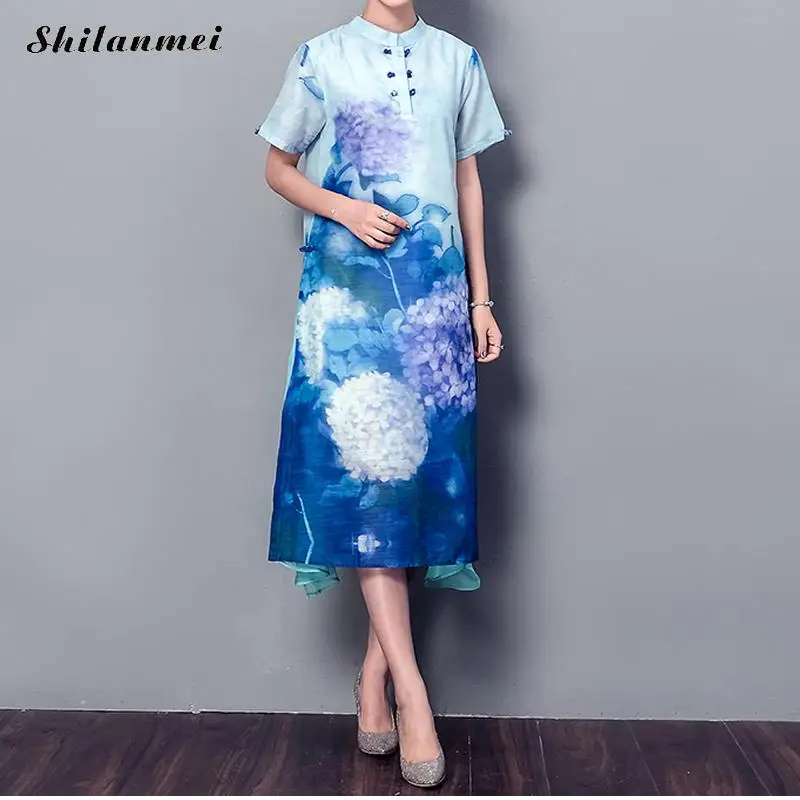 Китайский Стиль печатных середины длинное платье Для женщин Лето 2018 пикантные